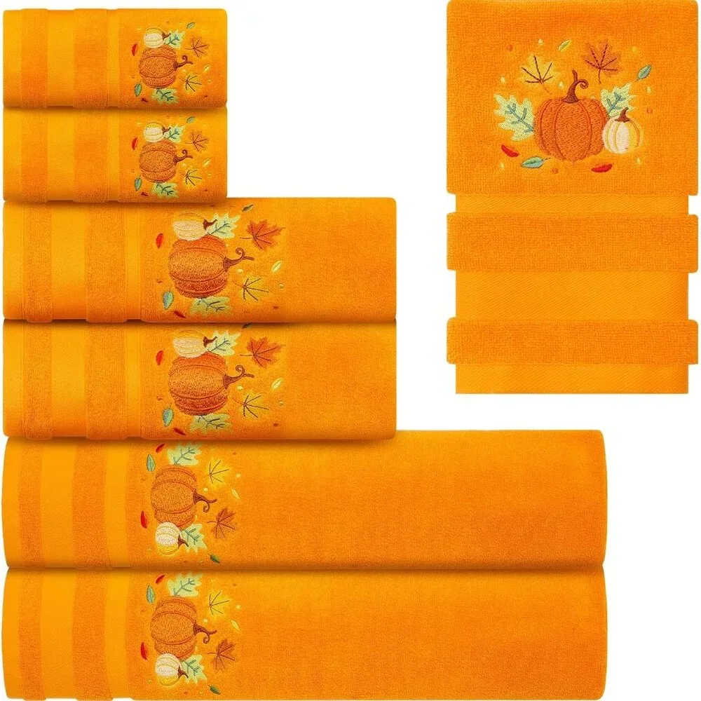 Vibrant Cotton 6 Pack Towel Set with Pumpkin Embroidery - Safe for Family